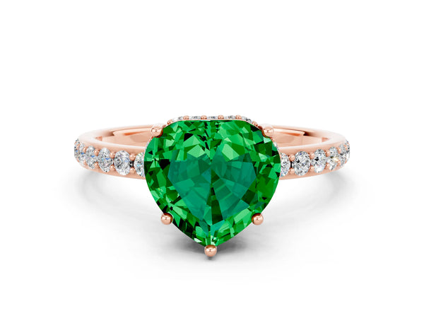 Rose gold Heart Cut Emerald Solitaire Ring with Pavé Band and Hidden Halo