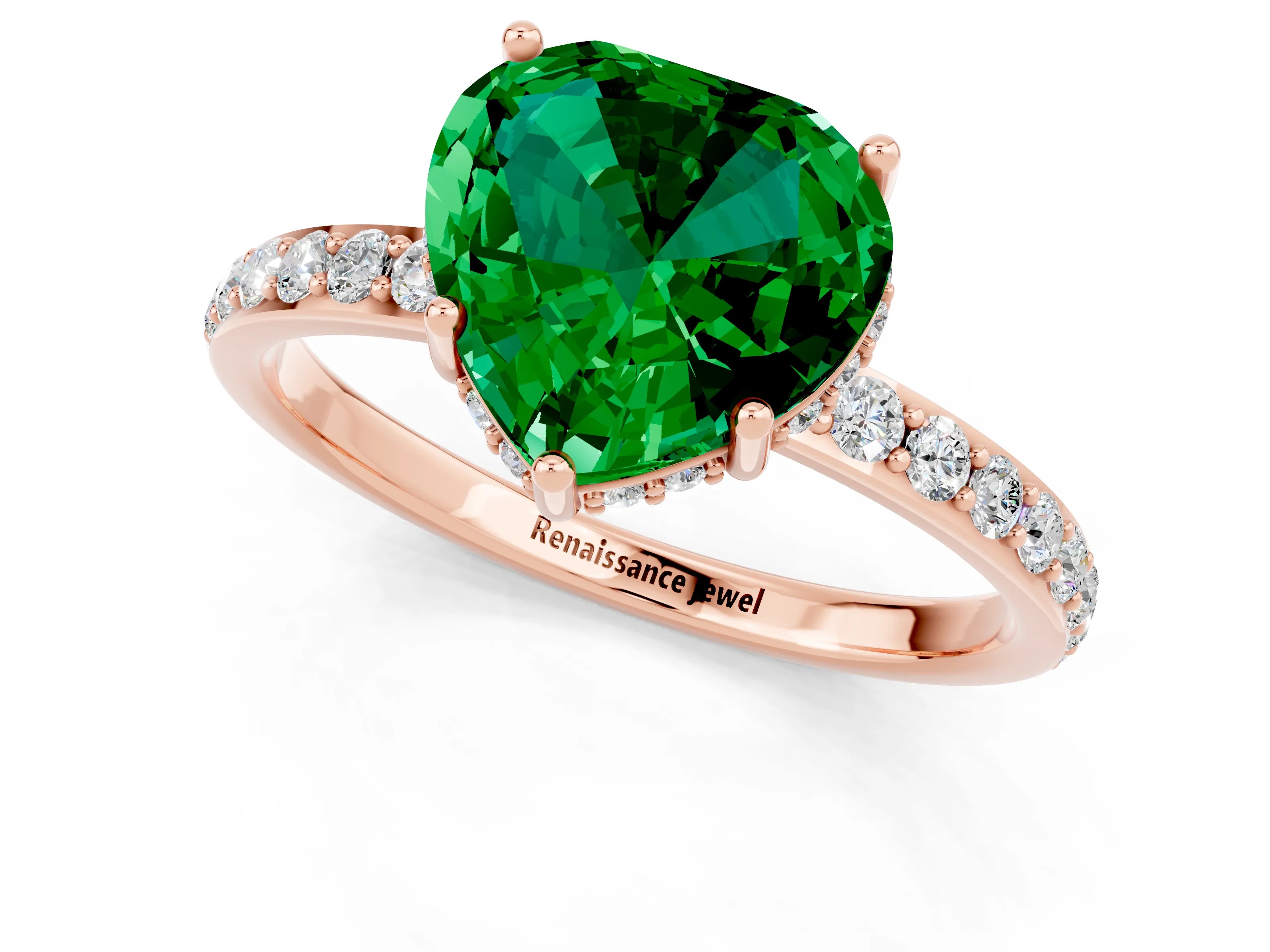 Rose gold Heart Cut Emerald Solitaire Ring with Pavé Band and Hidden Halo_13
