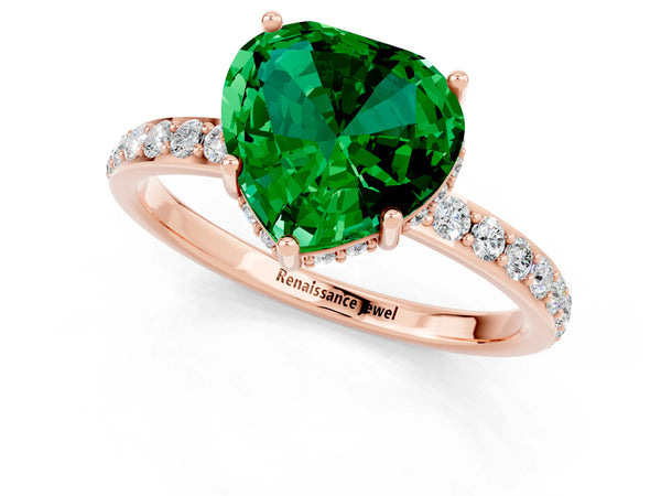 Rose gold Heart Cut Emerald Solitaire Ring with Pavé Band and Hidden Halo