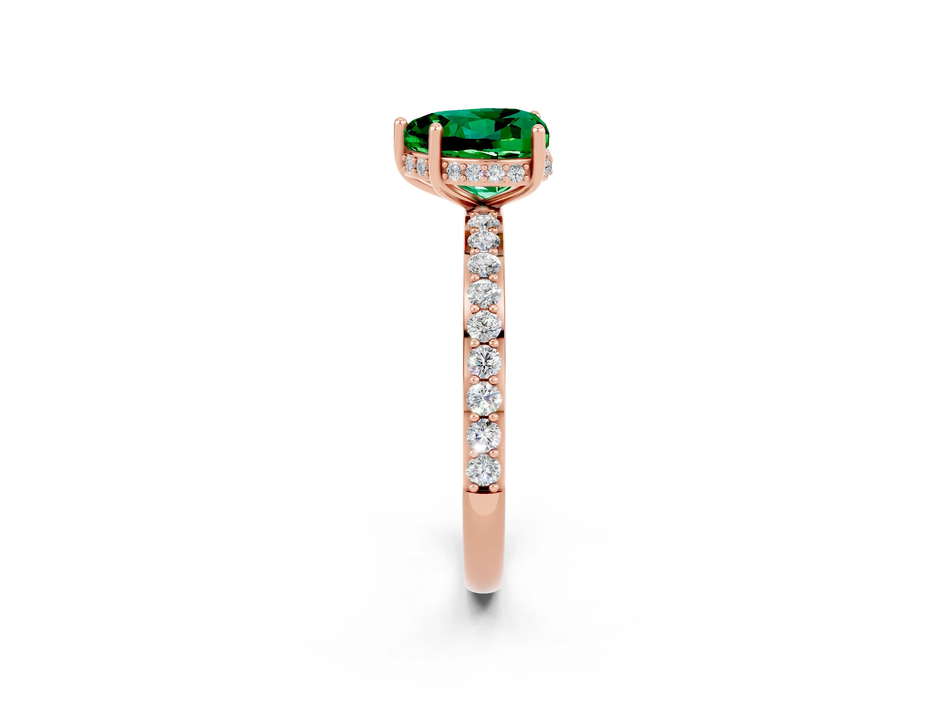 Rose gold Heart Cut Emerald Solitaire Ring with Pavé Band and Hidden Halo_14