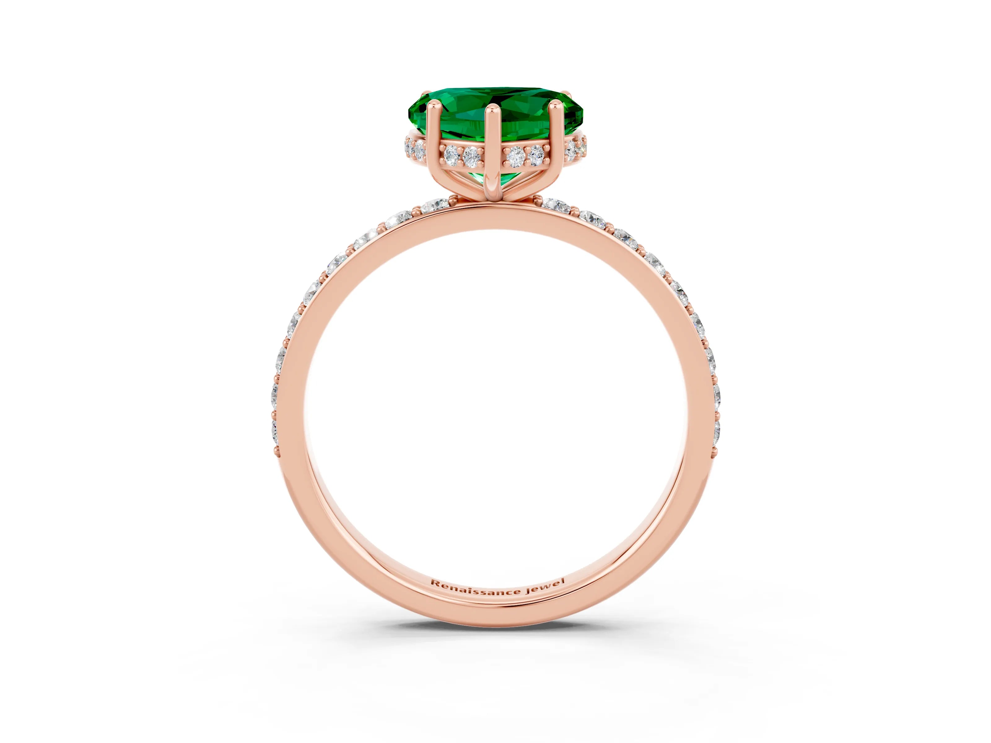 Rose gold Heart Cut Emerald Solitaire Ring with Pavé Band and Hidden Halo_15
