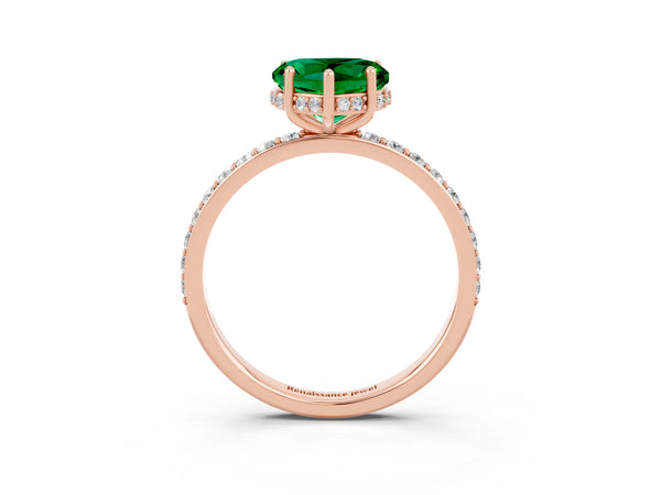 Rose gold Heart Cut Emerald Solitaire Ring with Pavé Band and Hidden Halo