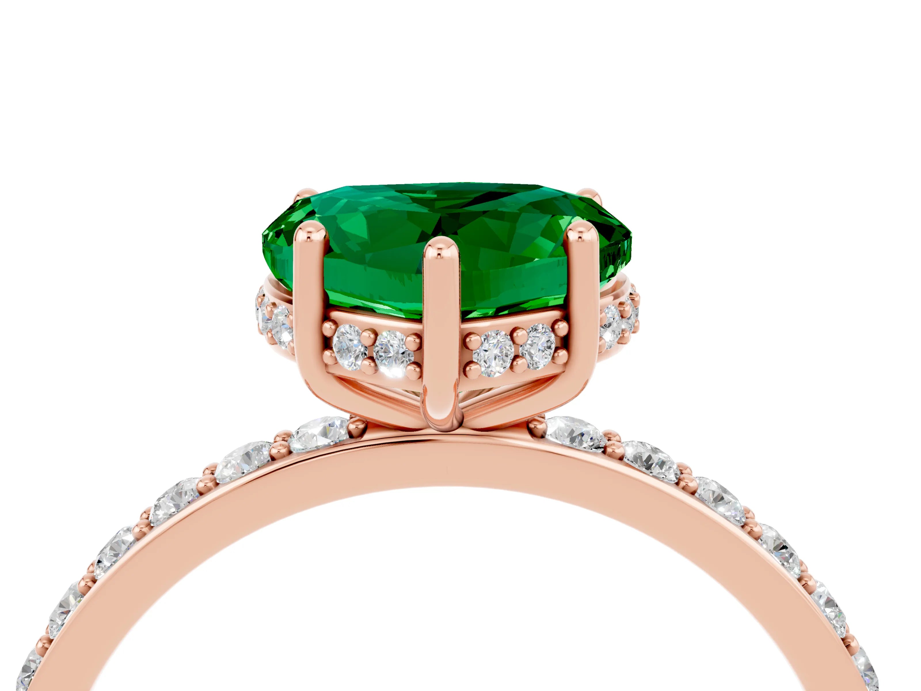 Rose gold Heart Cut Emerald Solitaire Ring with Pavé Band and Hidden Halo_16