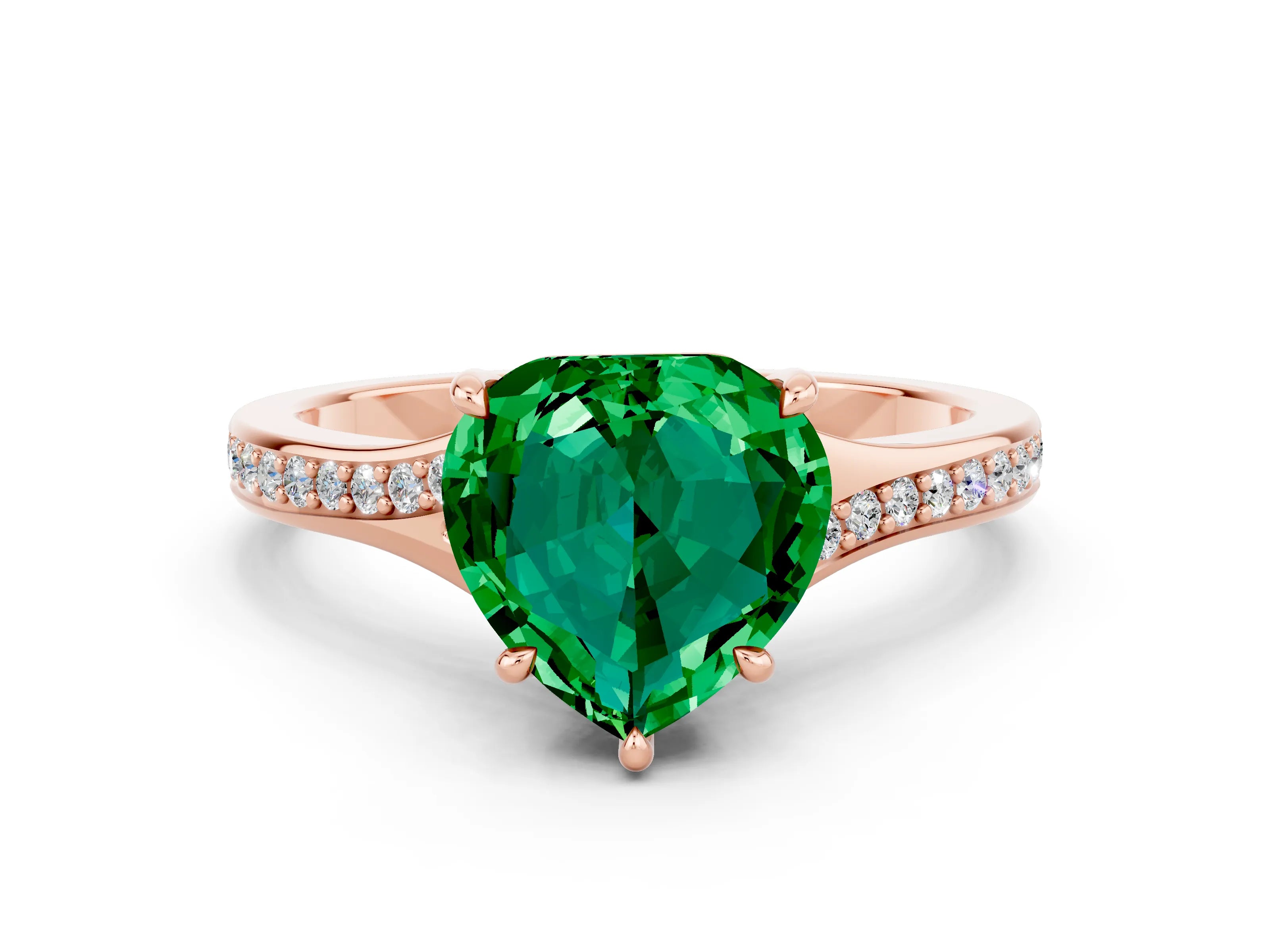 Rose gold Heart Cut Emerald Solitaire Ring with Pavé Band and Prong Setting_12