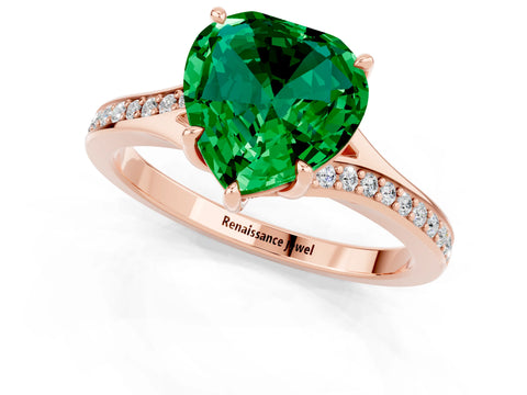 Rose gold Heart Cut Emerald Solitaire Ring with Pavé Band and Prong Setting_13