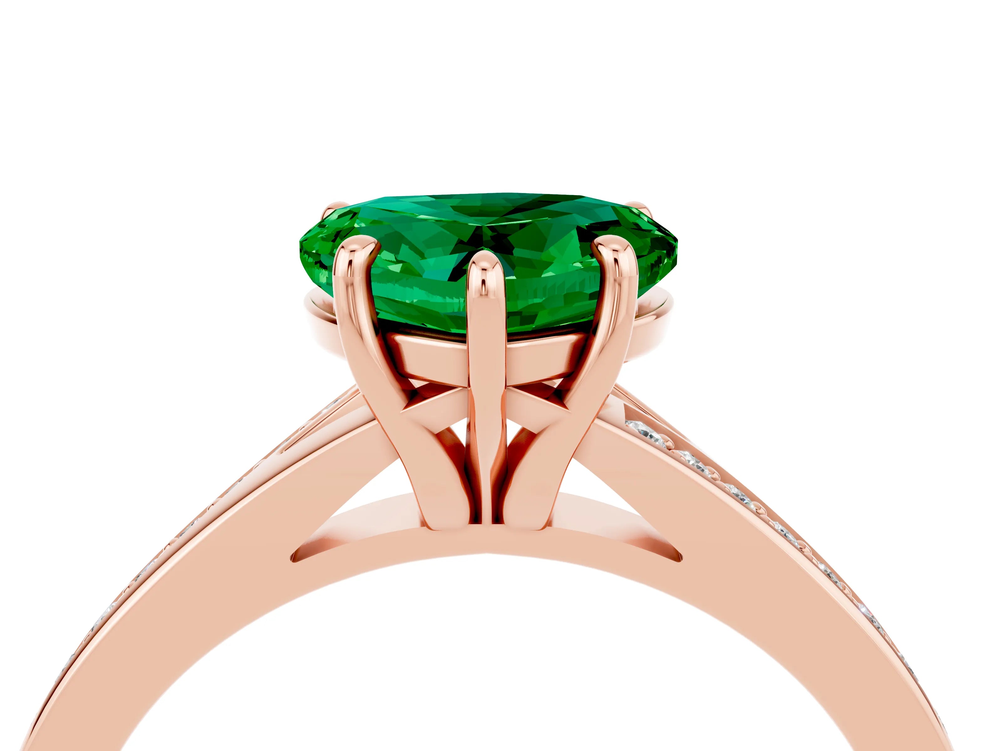 Rose gold Heart Cut Emerald Solitaire Ring with Pavé Band and Prong Setting_16