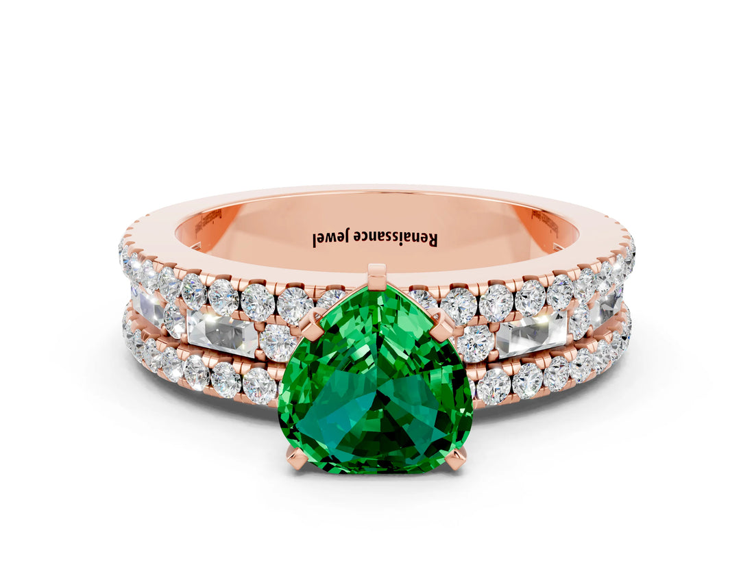 Rose gold Heart Cut Emerald Solitaire Ring with Pavé and Channel Set Band