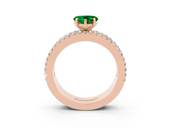 Rose gold Heart Cut Emerald Solitaire Ring with Pavé and Channel Set Band