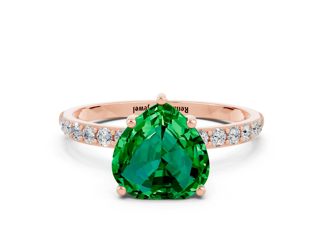 Rose gold Heart Cut Emerald Solitaire Ring with Pave Band and Four Prong Setting_12