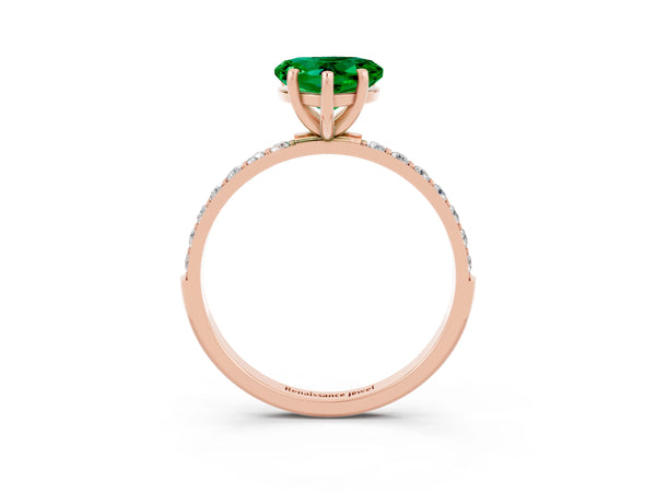 Rose gold Heart Cut Emerald Solitaire Ring with Round  Pavé Band and Prong Setting