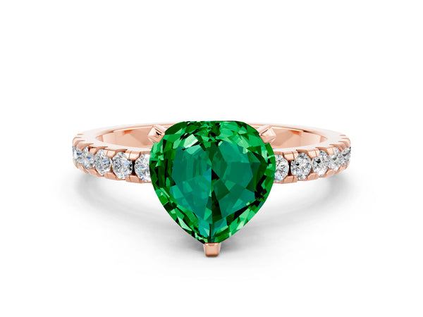 Rose gold Heart Cut Emerald Solitaire Ring with Round  Pavé Band and Four-Prong Setting