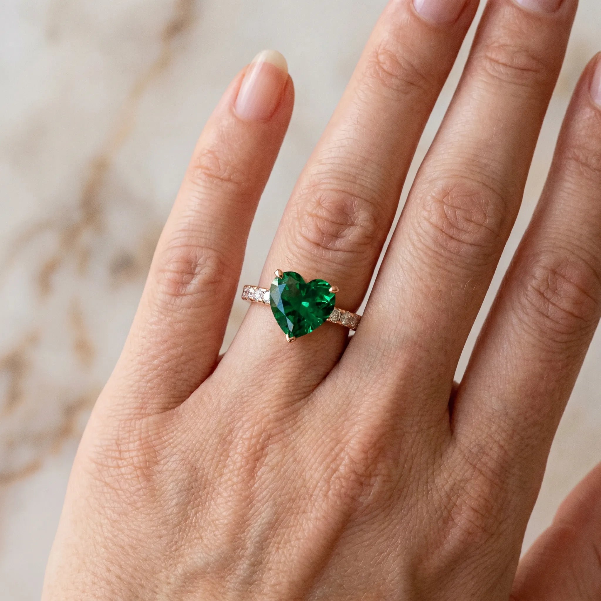 Rose gold Heart Cut Emerald Solitaire Ring with Round  Pavé Band and Four-Prong Setting_42