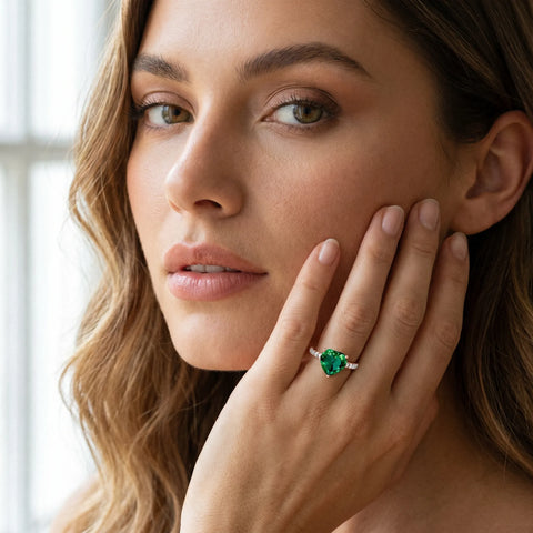 Rose gold Heart Cut Emerald Solitaire Ring with Round  Pavé Band and Four-Prong Setting_43