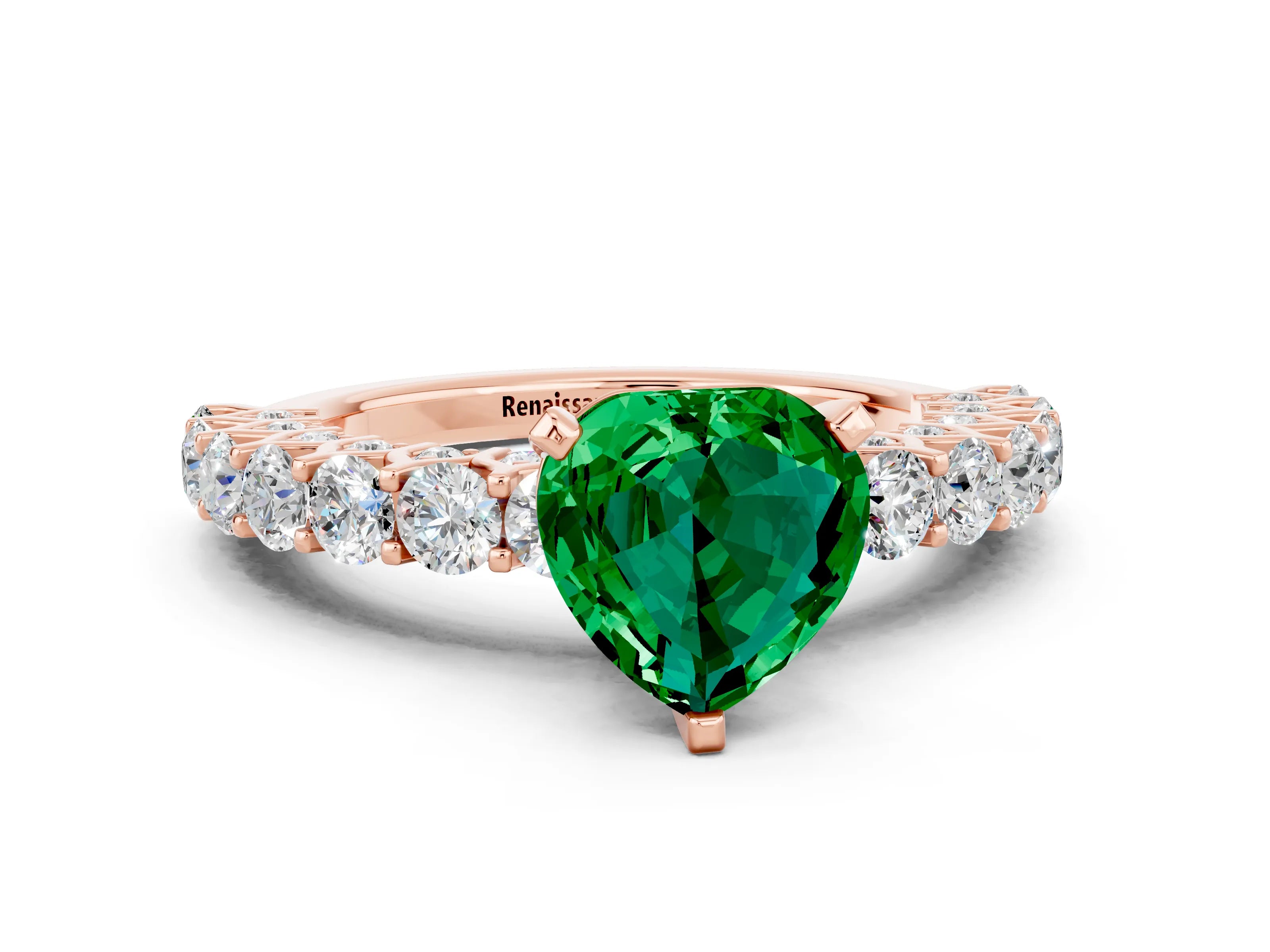 Rose gold Heart Cut Emerald Solitaire Ring with Shared Prong Pavé Band and Four-Prong Setting