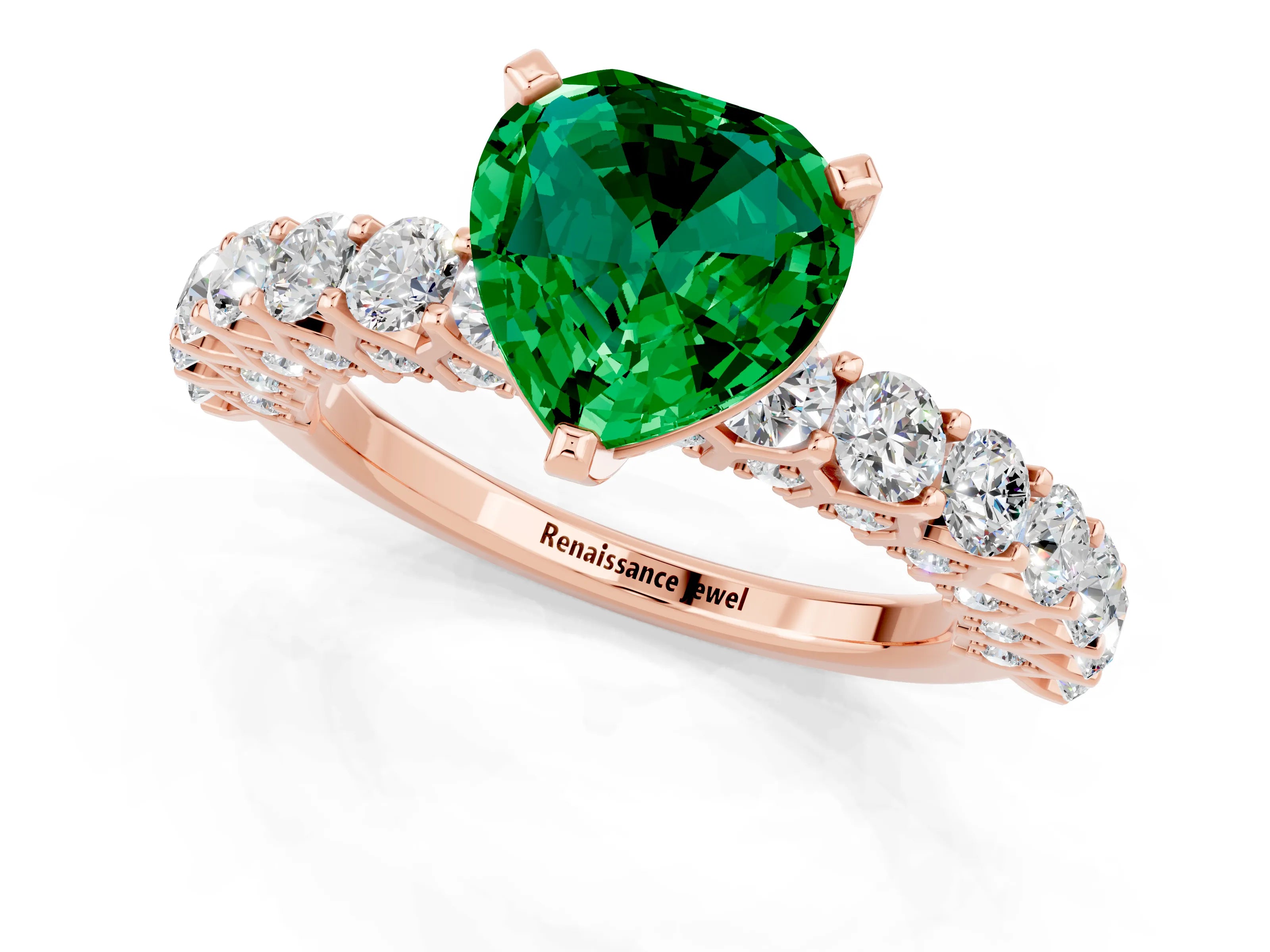 Rose gold Heart Cut Emerald Solitaire Ring with Shared Prong Pavé Band and Four-Prong Setting_1