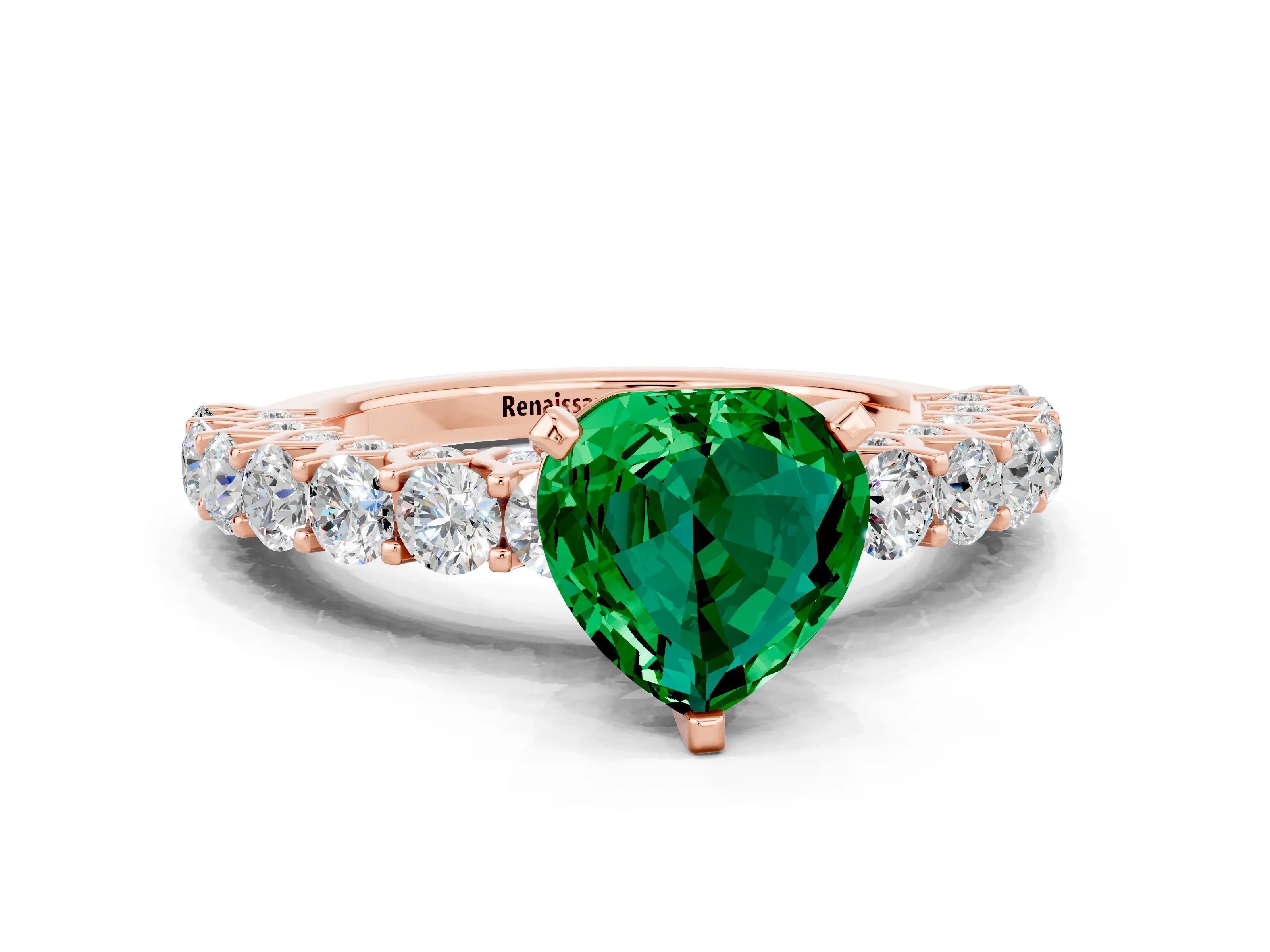 Rose gold Heart Cut Emerald Solitaire Ring with Shared Prong Pavé Band and Four-Prong Setting_12