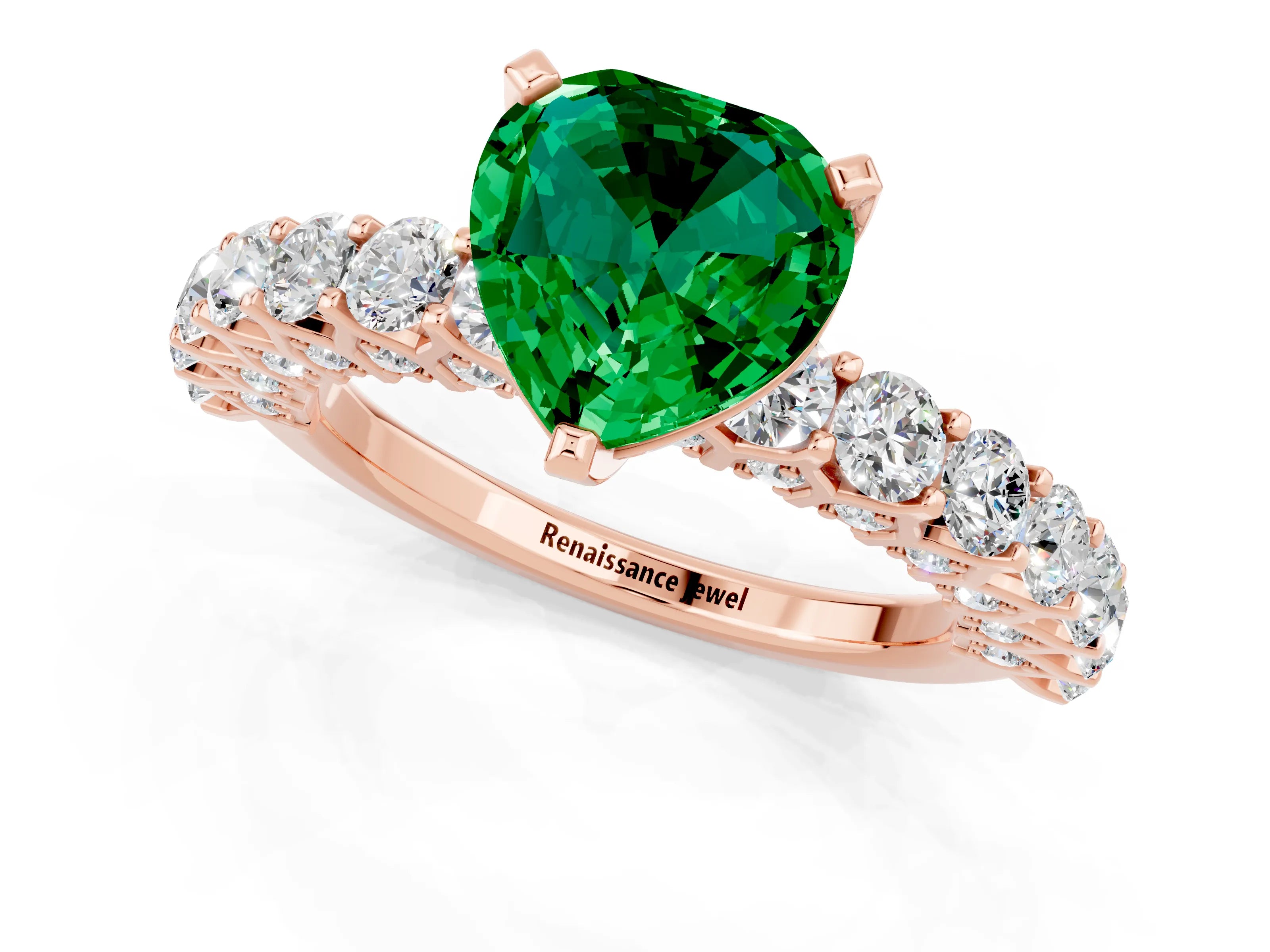 Rose gold Heart Cut Emerald Solitaire Ring with Shared Prong Pavé Band and Four-Prong Setting_13