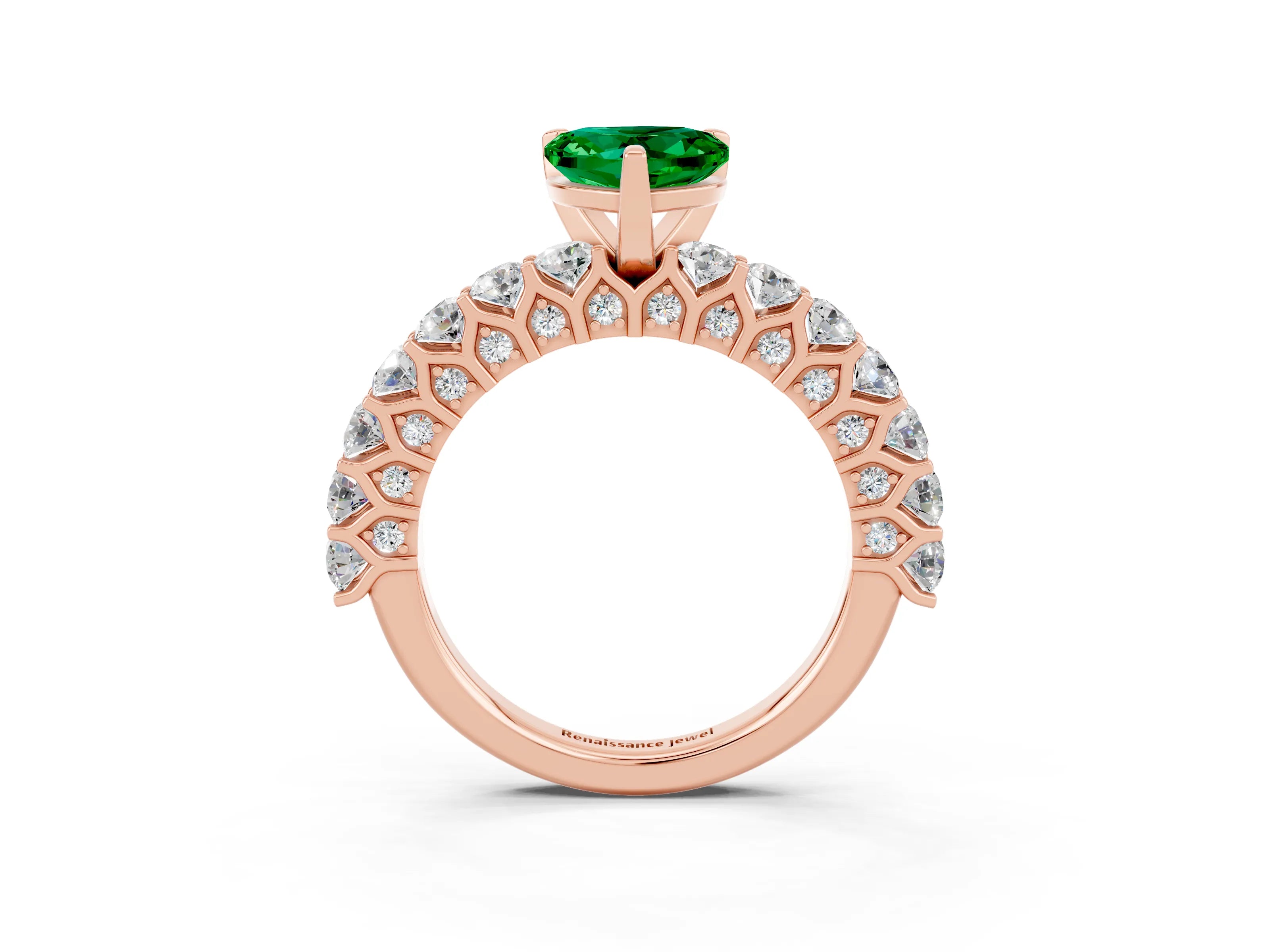 Rose gold Heart Cut Emerald Solitaire Ring with Shared Prong Pavé Band and Four-Prong Setting_15