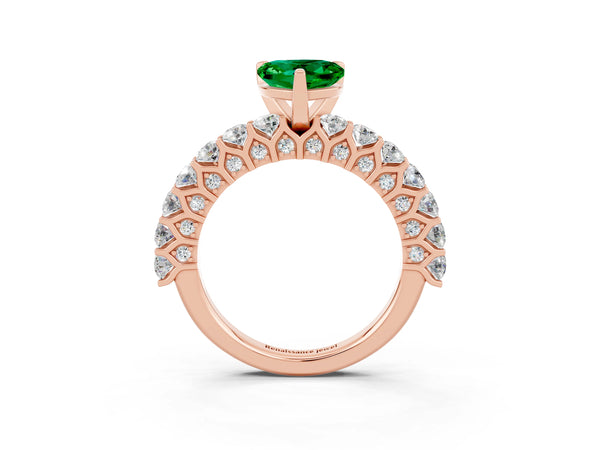 Rose gold Heart Cut Emerald Solitaire Ring with Shared Prong Pavé Band and Four-Prong Setting