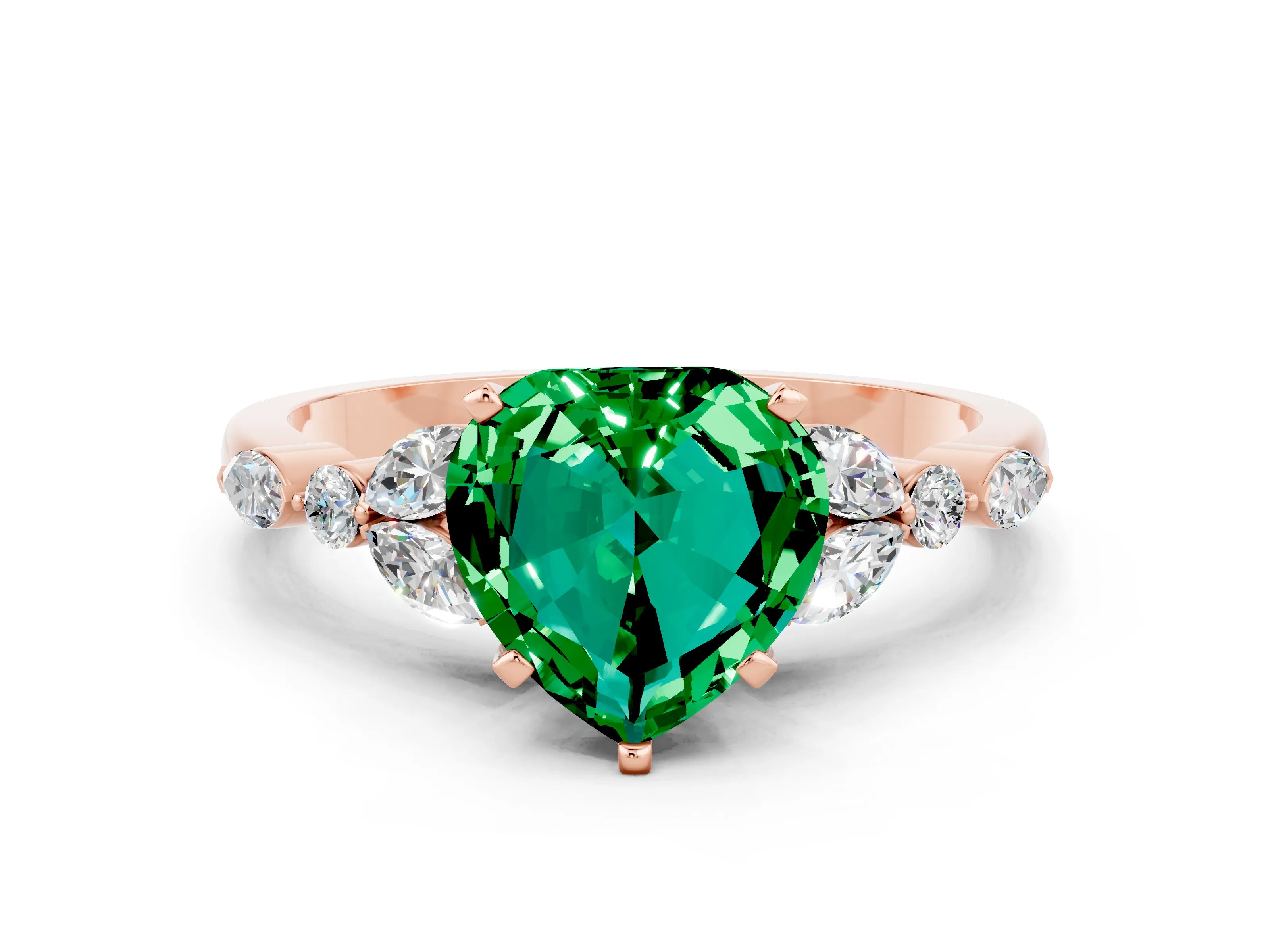 Rose gold Heart Cut Emerald Solitaire Ring with Side Stones and Four-Prong Setting_12