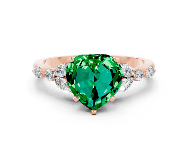 Rose gold Heart Cut Emerald Solitaire Ring with Side Stones and Four-Prong Setting