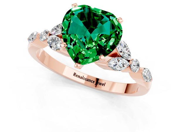 Rose gold Heart Cut Emerald Solitaire Ring with Side Stones and Four-Prong Setting