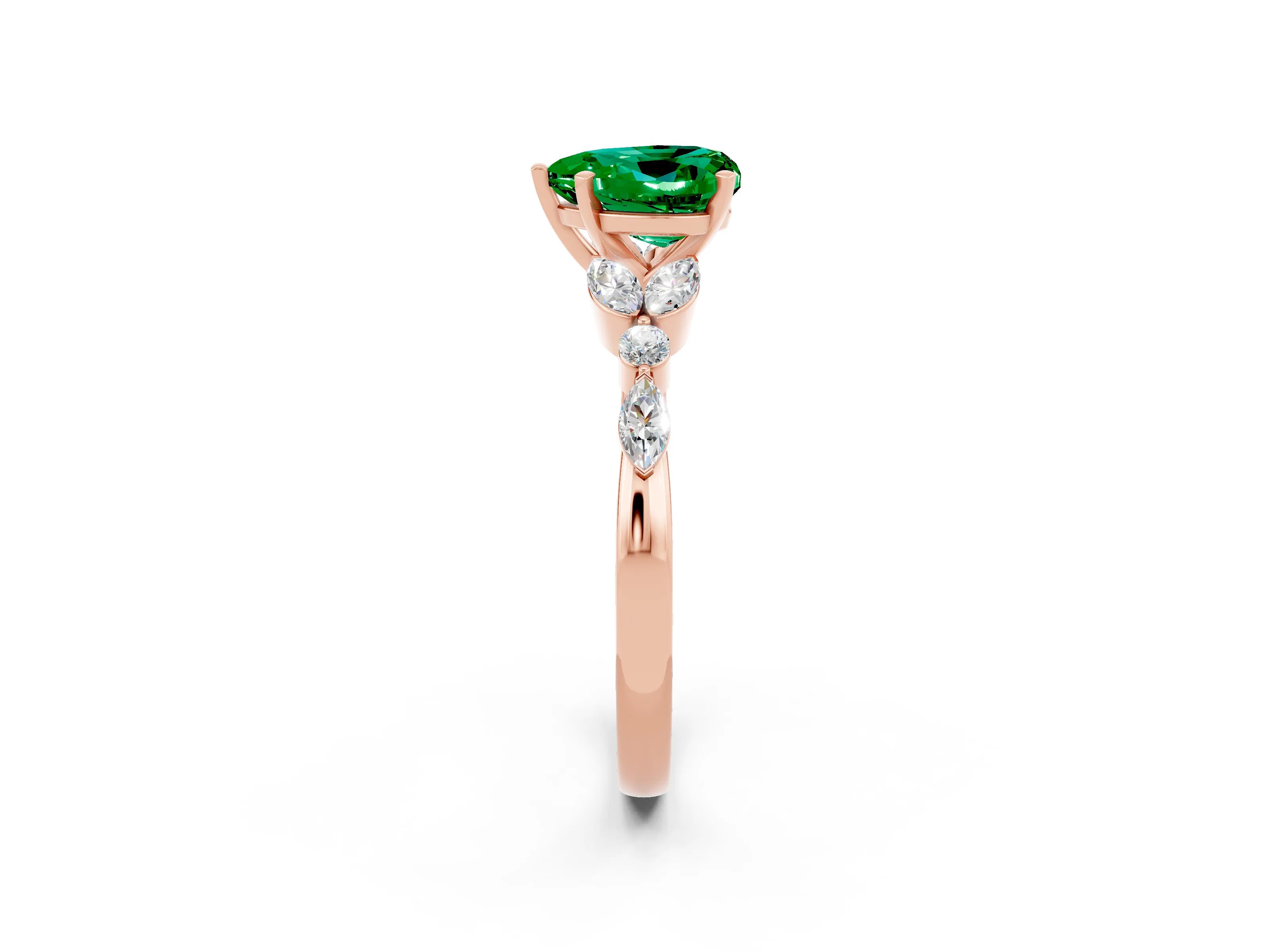 Rose gold Heart Cut Emerald Solitaire Ring with Side Stones and Four-Prong Setting_14