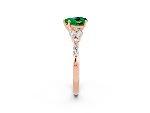 Rose gold Heart Cut Emerald Solitaire Ring with Side Stones and Four-Prong Setting