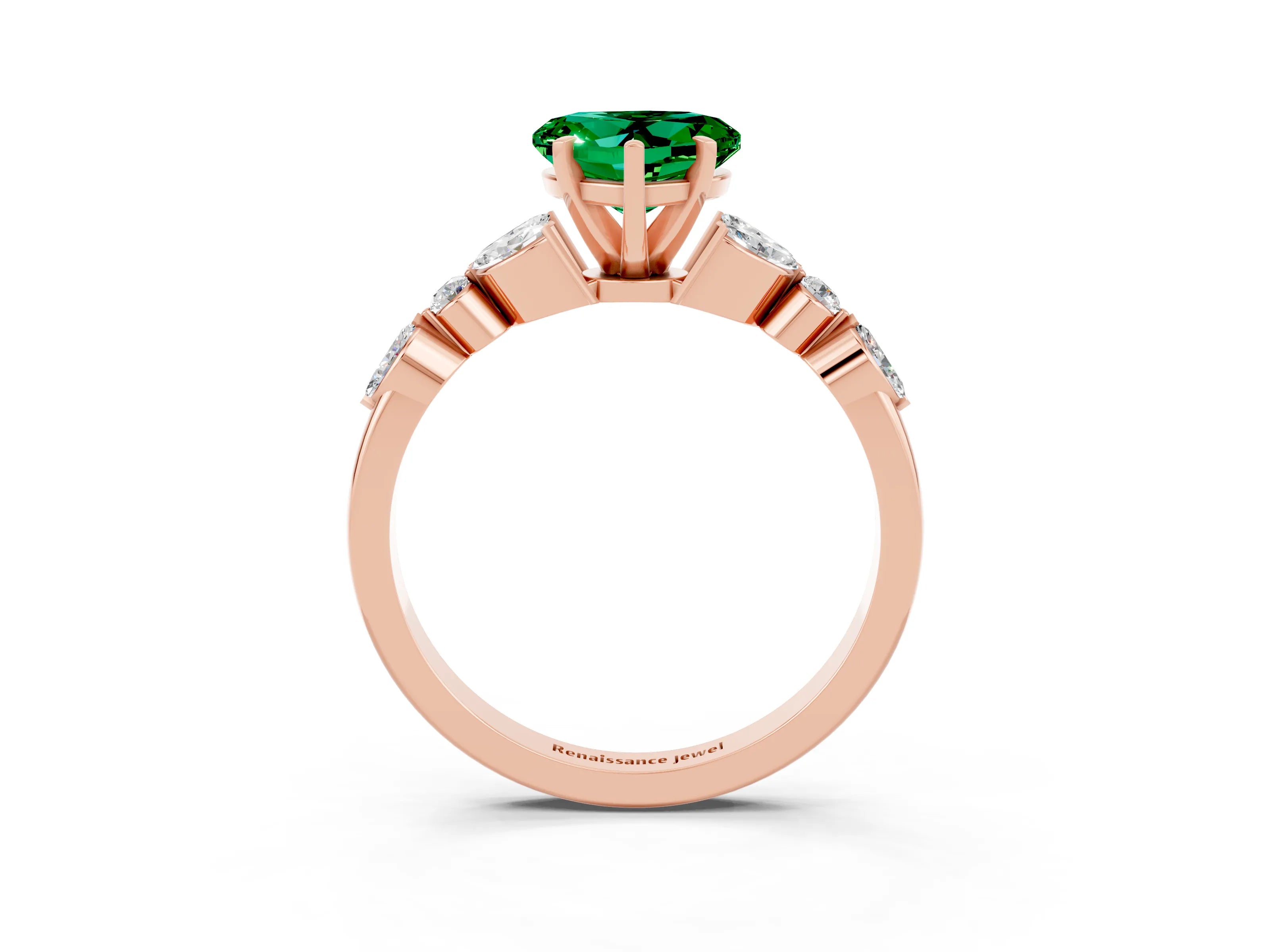 Rose gold Heart Cut Emerald Solitaire Ring with Side Stones and Four-Prong Setting_15