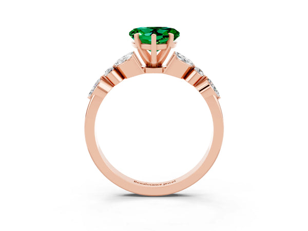 Rose gold Heart Cut Emerald Solitaire Ring with Side Stones and Four-Prong Setting