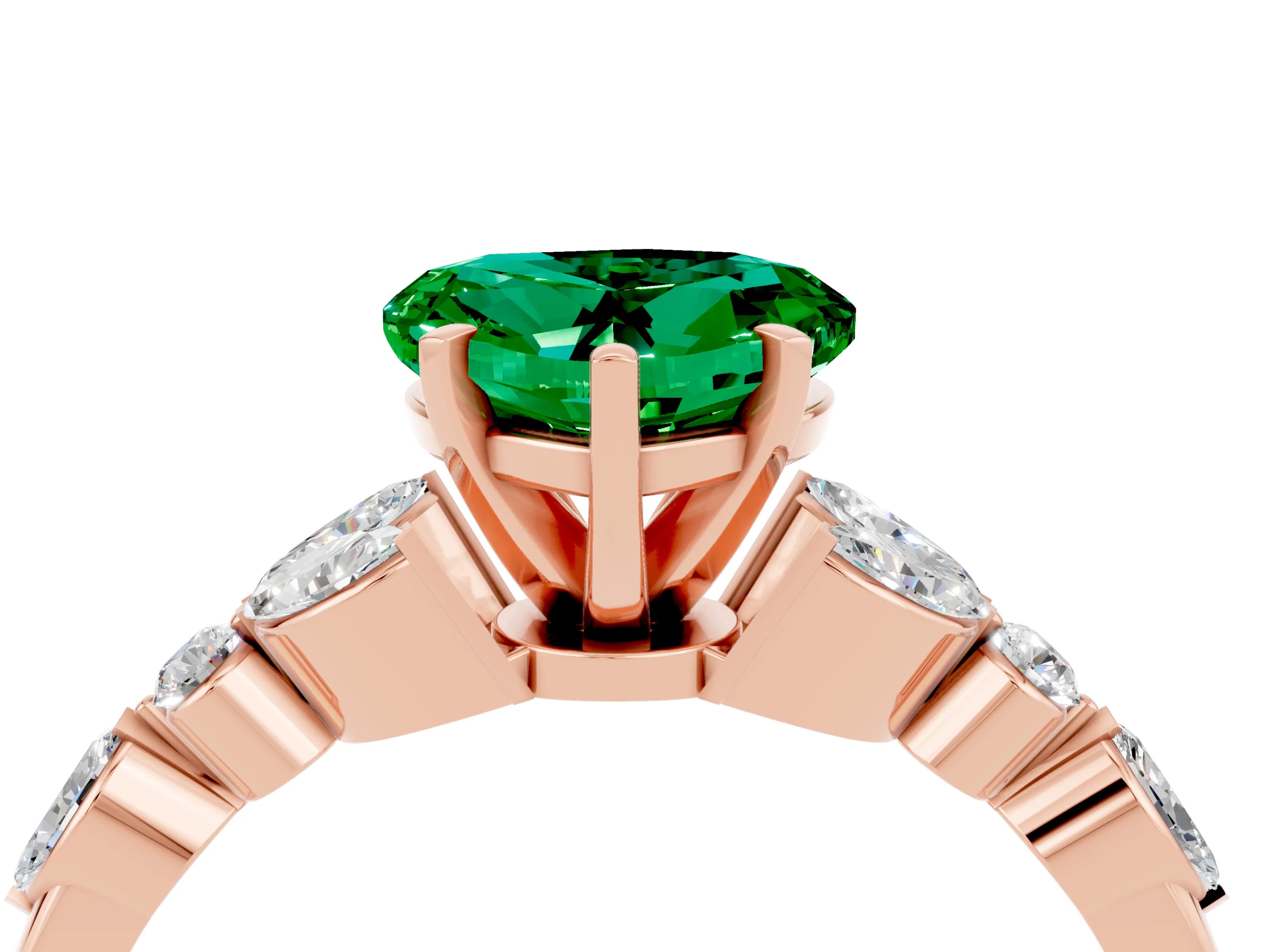 Rose gold Heart Cut Emerald Solitaire Ring with Side Stones and Four-Prong Setting_16