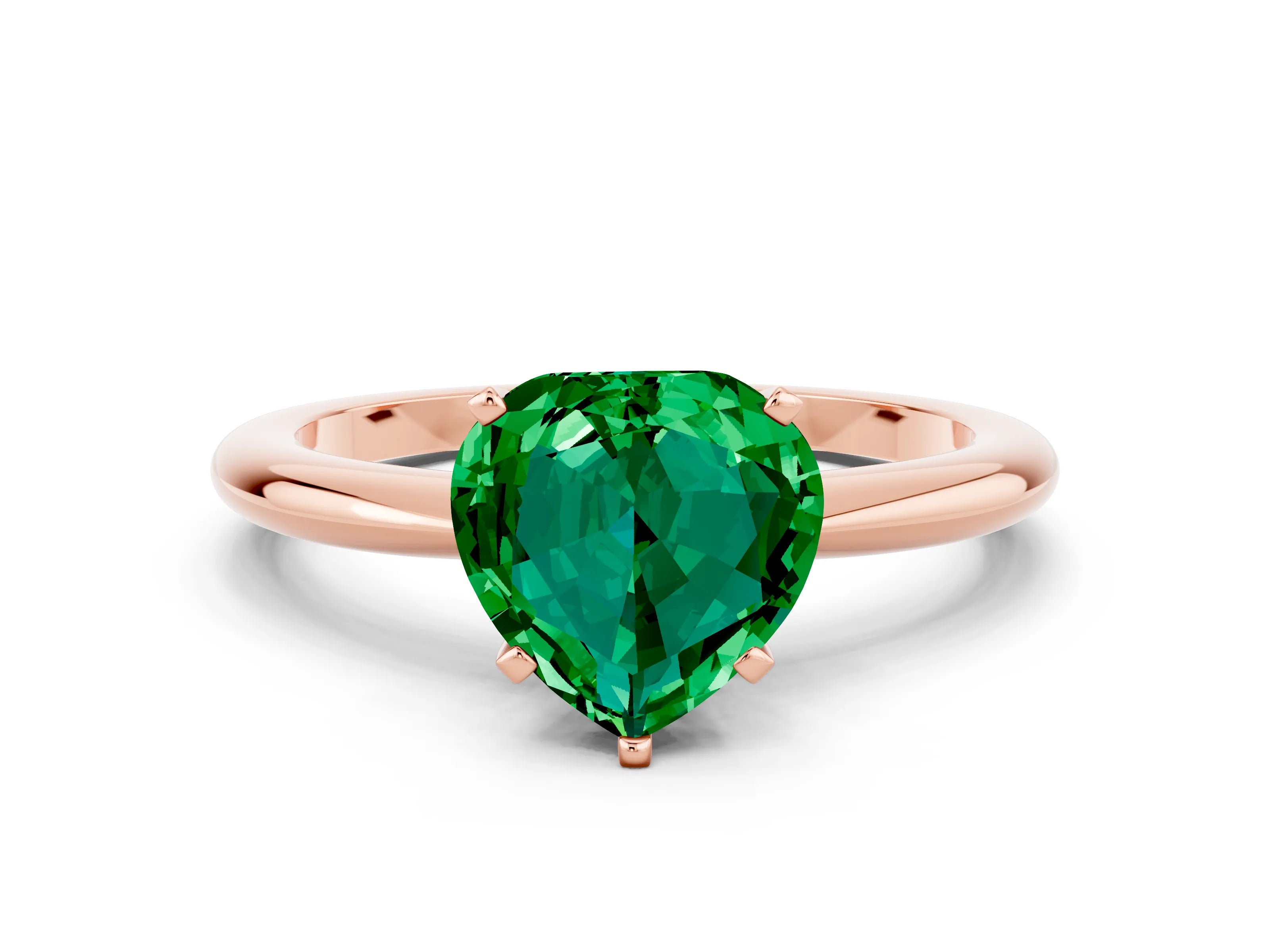 Rose gold Heart Cut Emerald Solitaire Ring with Six-Prong Setting and Classic Band