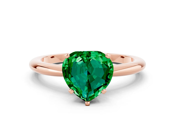 Rose gold Heart Cut Emerald Solitaire Ring with Six-Prong Setting and Classic Band
