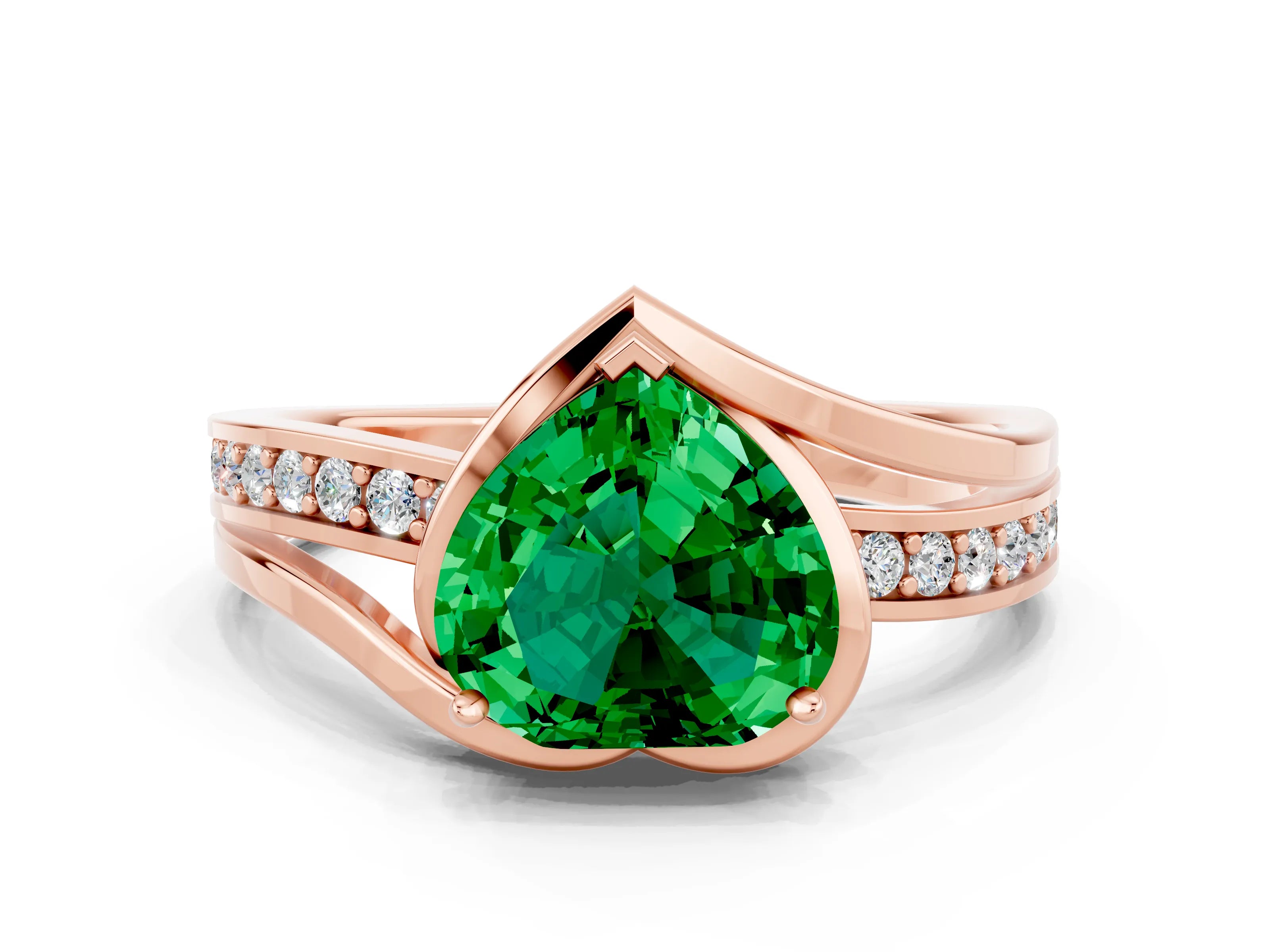 Rose gold Heart Cut Emerald Solitaire Ring with Split Shank and Prong Setting