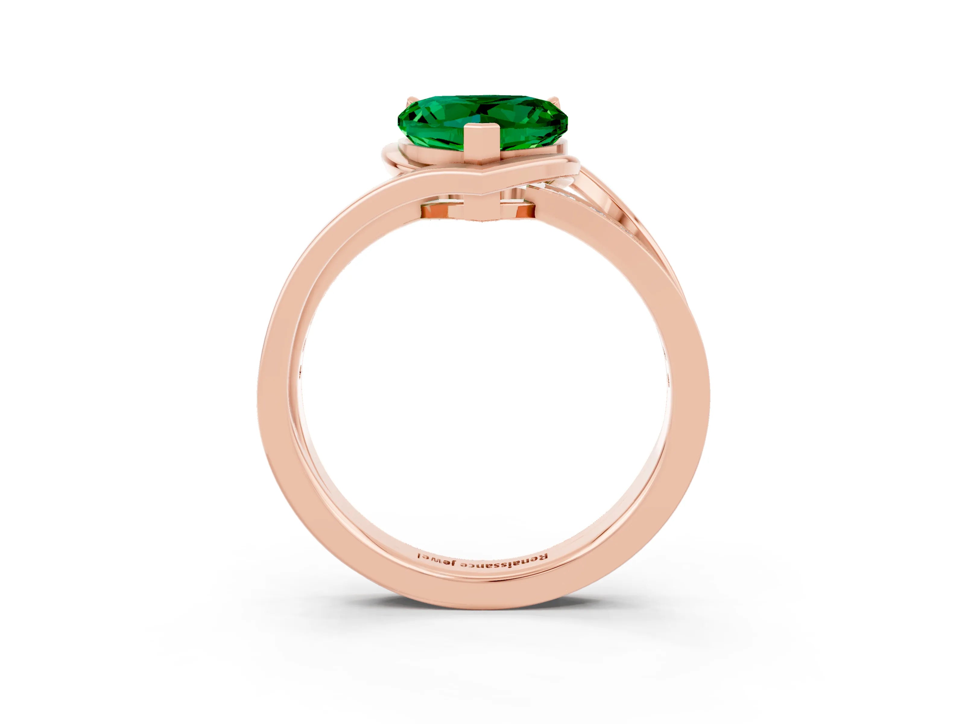 Rose gold Heart Cut Emerald Solitaire Ring with Split Shank and Prong Setting_3