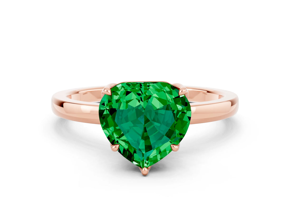 Rose gold Heart Cut Emerald Solitaire Ring with Thin Band and Prong Setting_12
