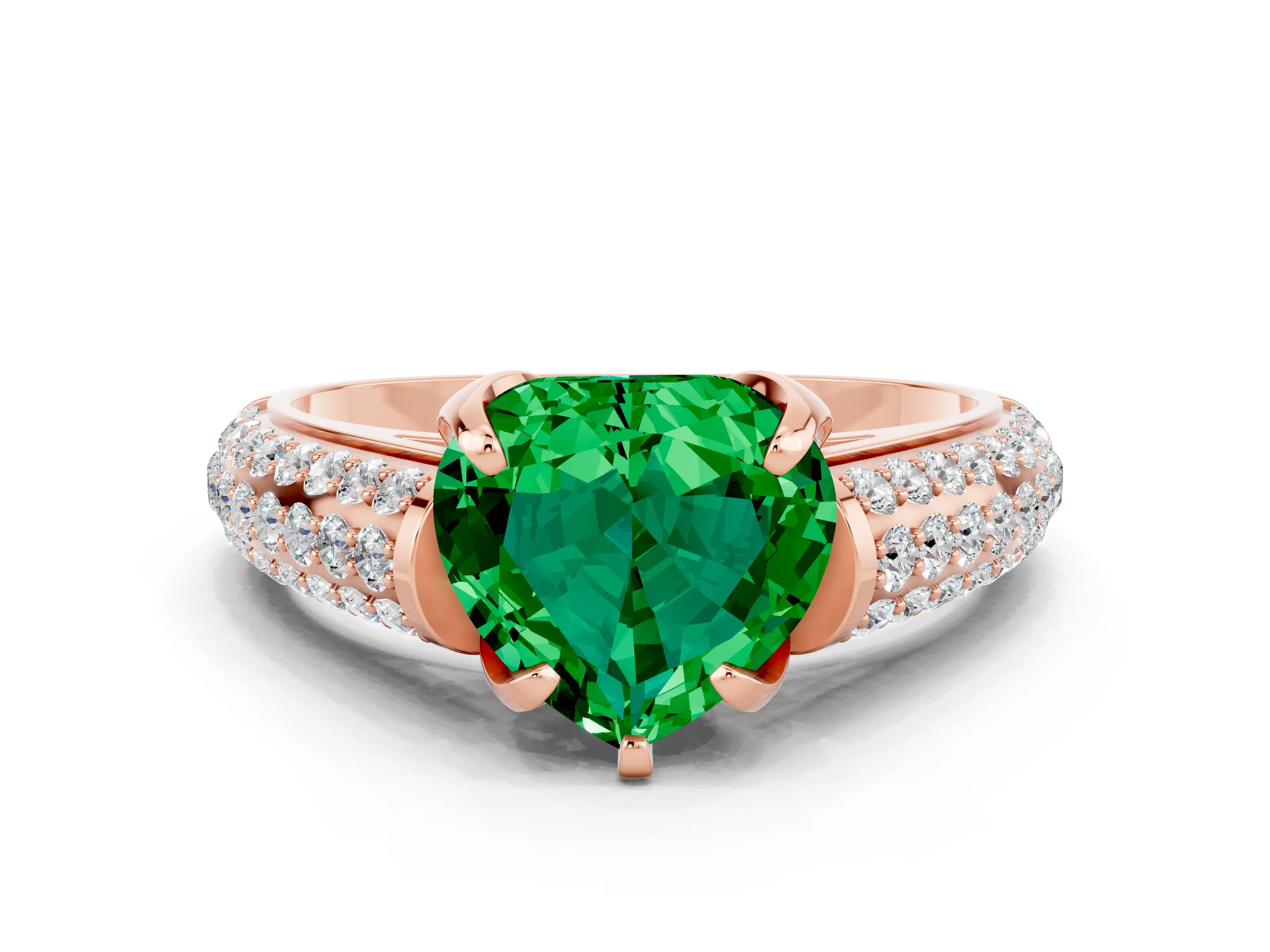 Rose gold Heart Cut Emerald Solitaire Ring with Three-Row Pavé Band and Four-Prong Setting_12