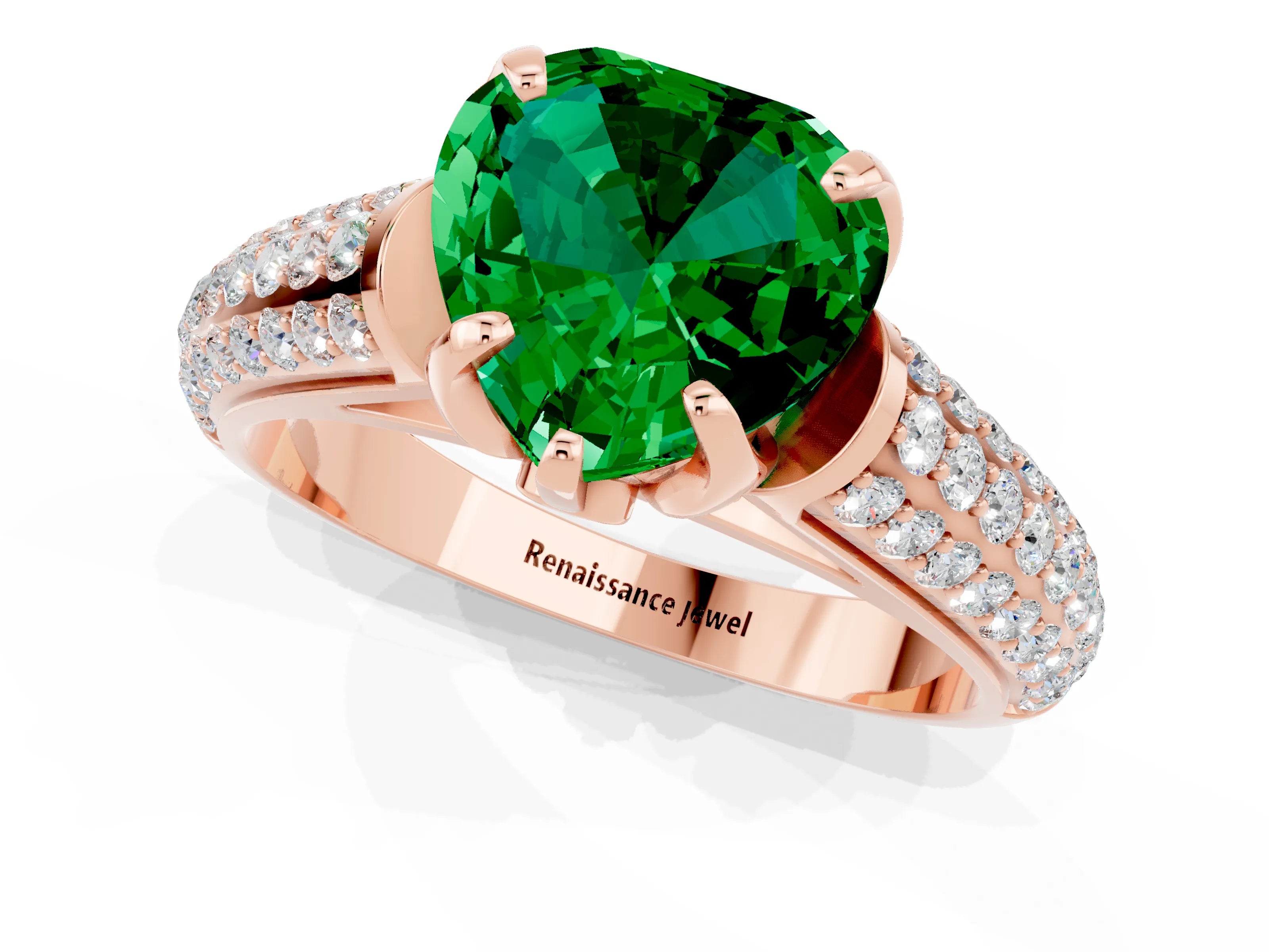 Rose gold Heart Cut Emerald Solitaire Ring with Three-Row Pavé Band and Four-Prong Setting_13