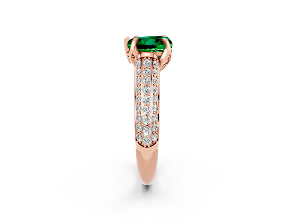 Rose gold Heart Cut Emerald Solitaire Ring with Three-Row Pavé Band and Four-Prong Setting