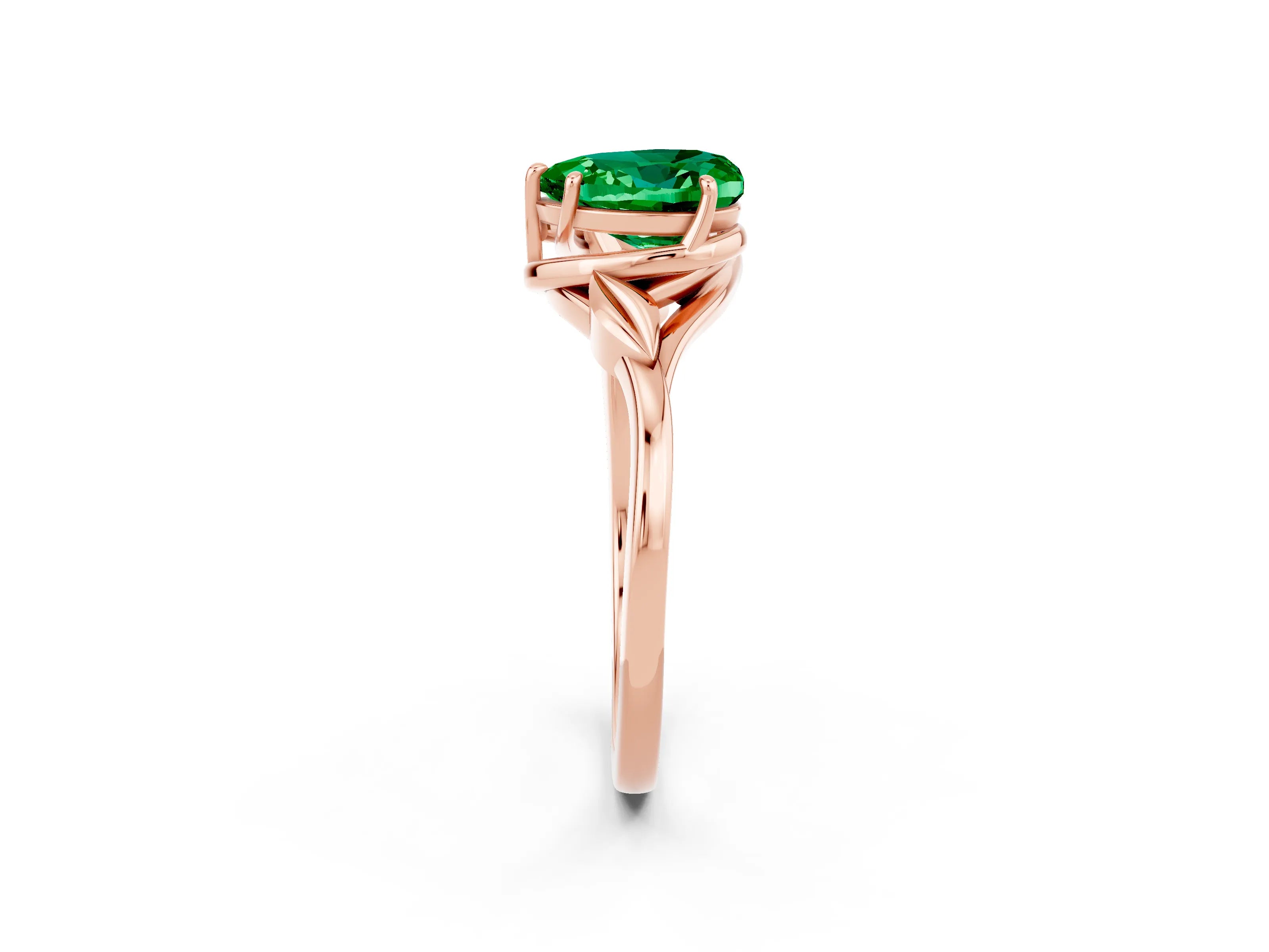 Rose gold Heart Cut Emerald Solitaire Ring with Twist Band and Four-Prong Setting_26