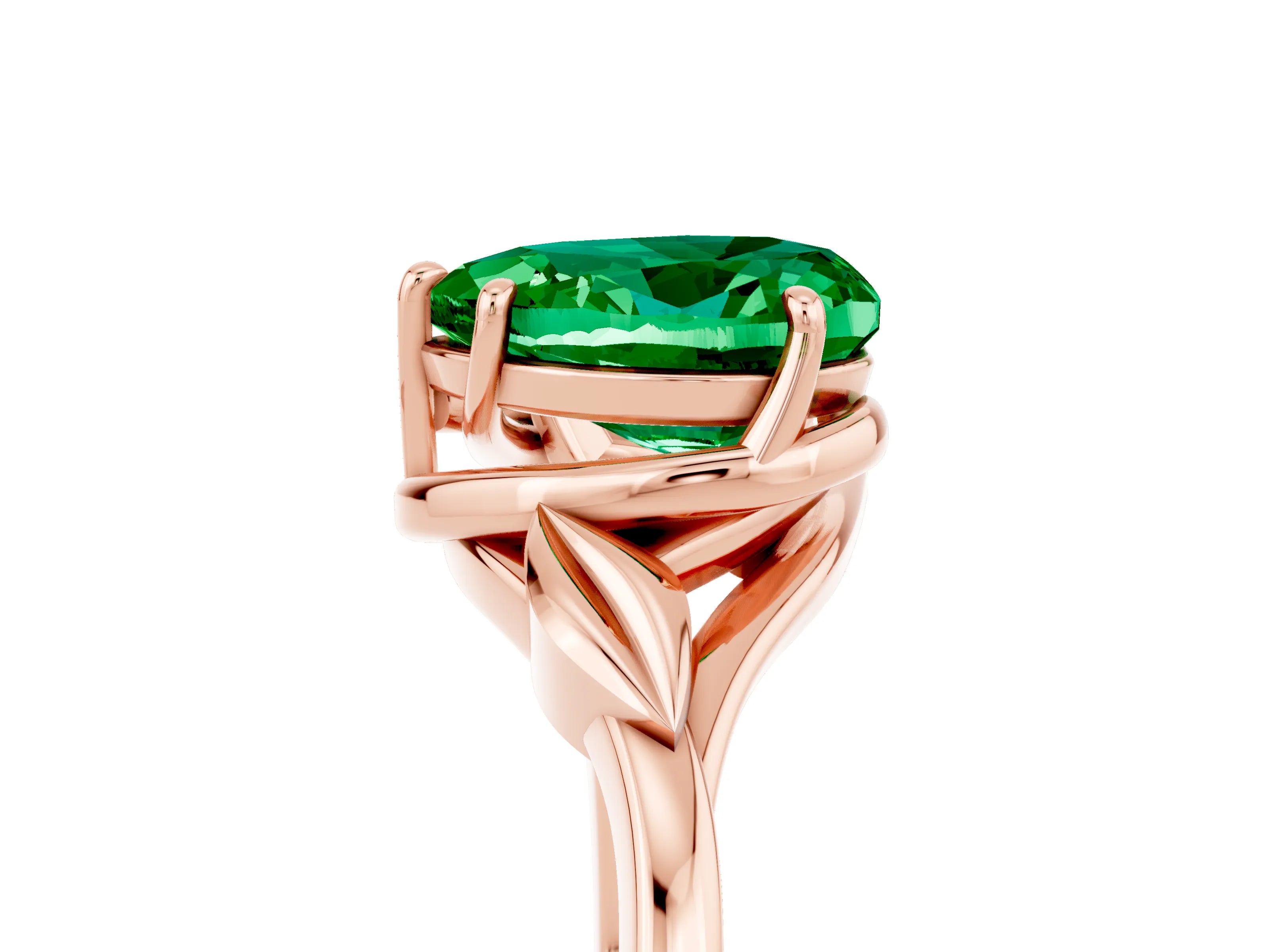 Rose gold Heart Cut Emerald Solitaire Ring with Twist Band and Four-Prong Setting_29