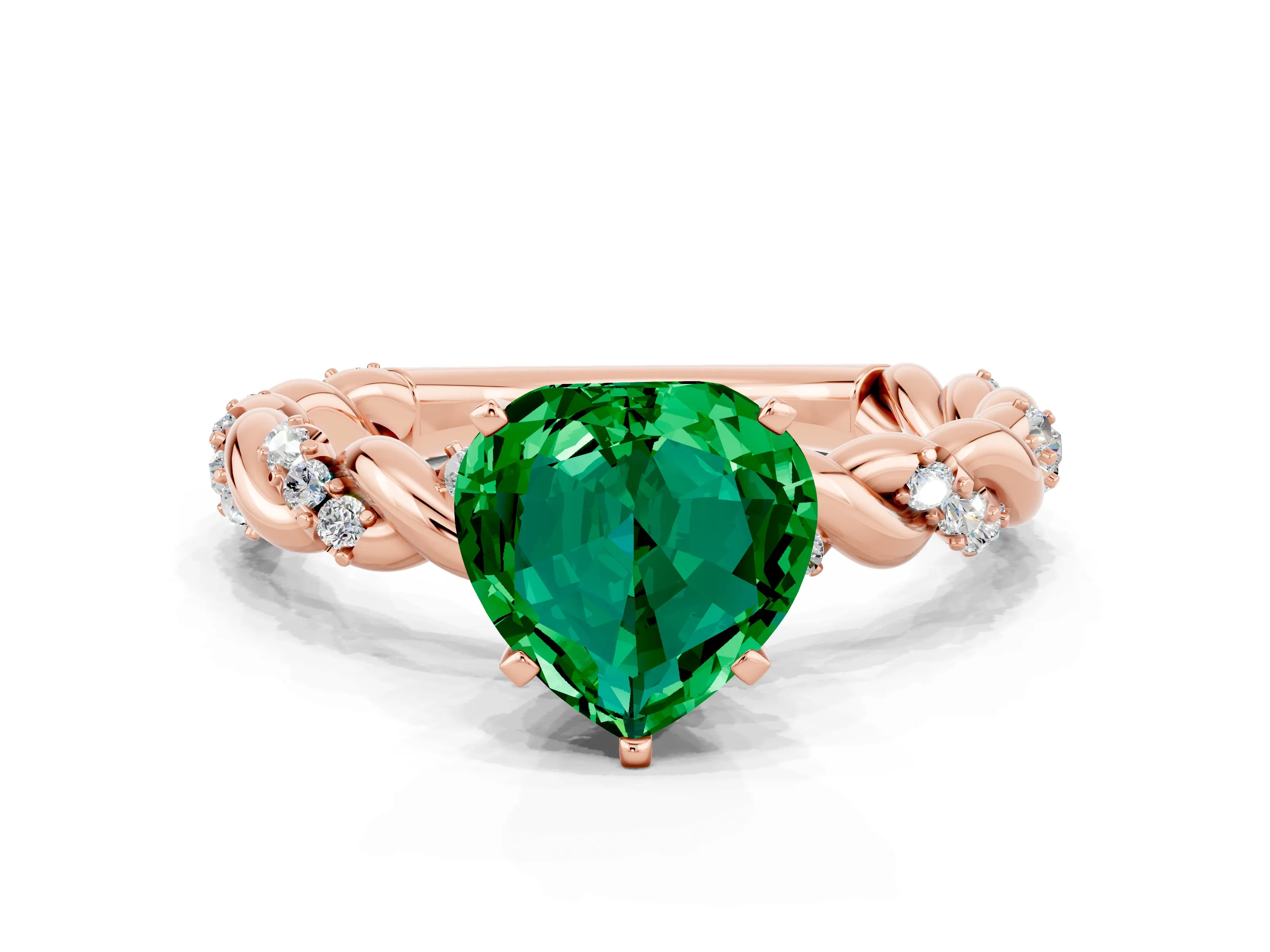 Rose gold Heart Cut Emerald Solitaire Ring with Twisted Band and Pavé Accents