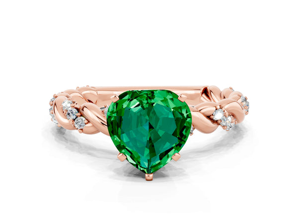 Rose gold Heart Cut Emerald Solitaire Ring with Twisted Band and Pavé Accents