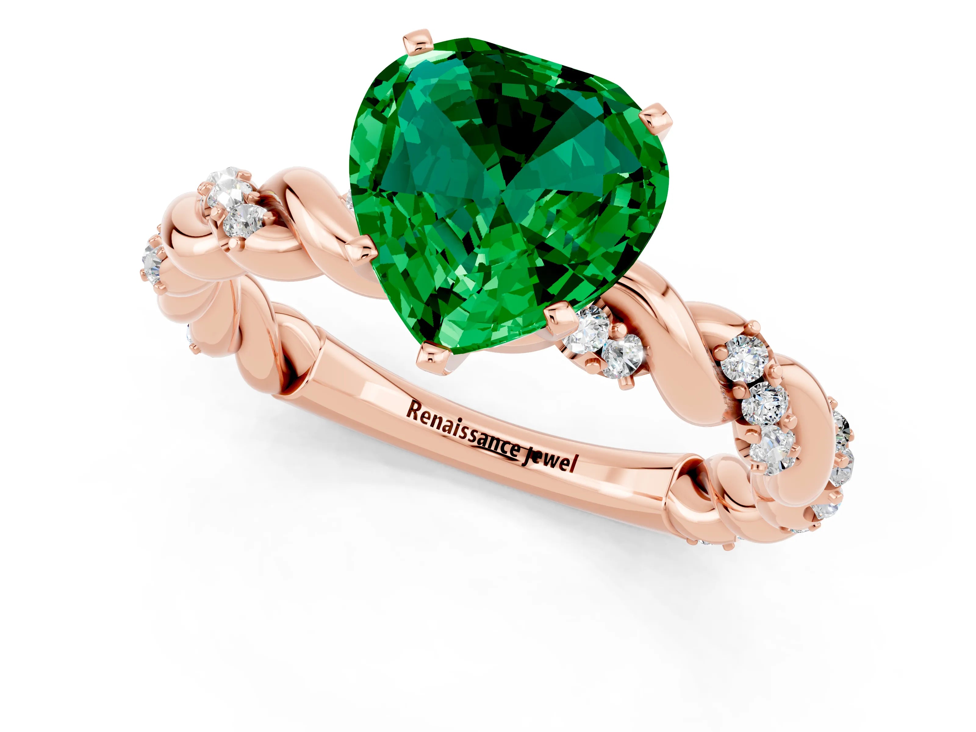 Rose gold Heart Cut Emerald Solitaire Ring with Twisted Band and Pavé Accents_1