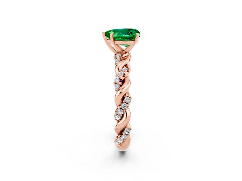 Rose gold Heart Cut Emerald Solitaire Ring with Twisted Band and Pavé Accents_2