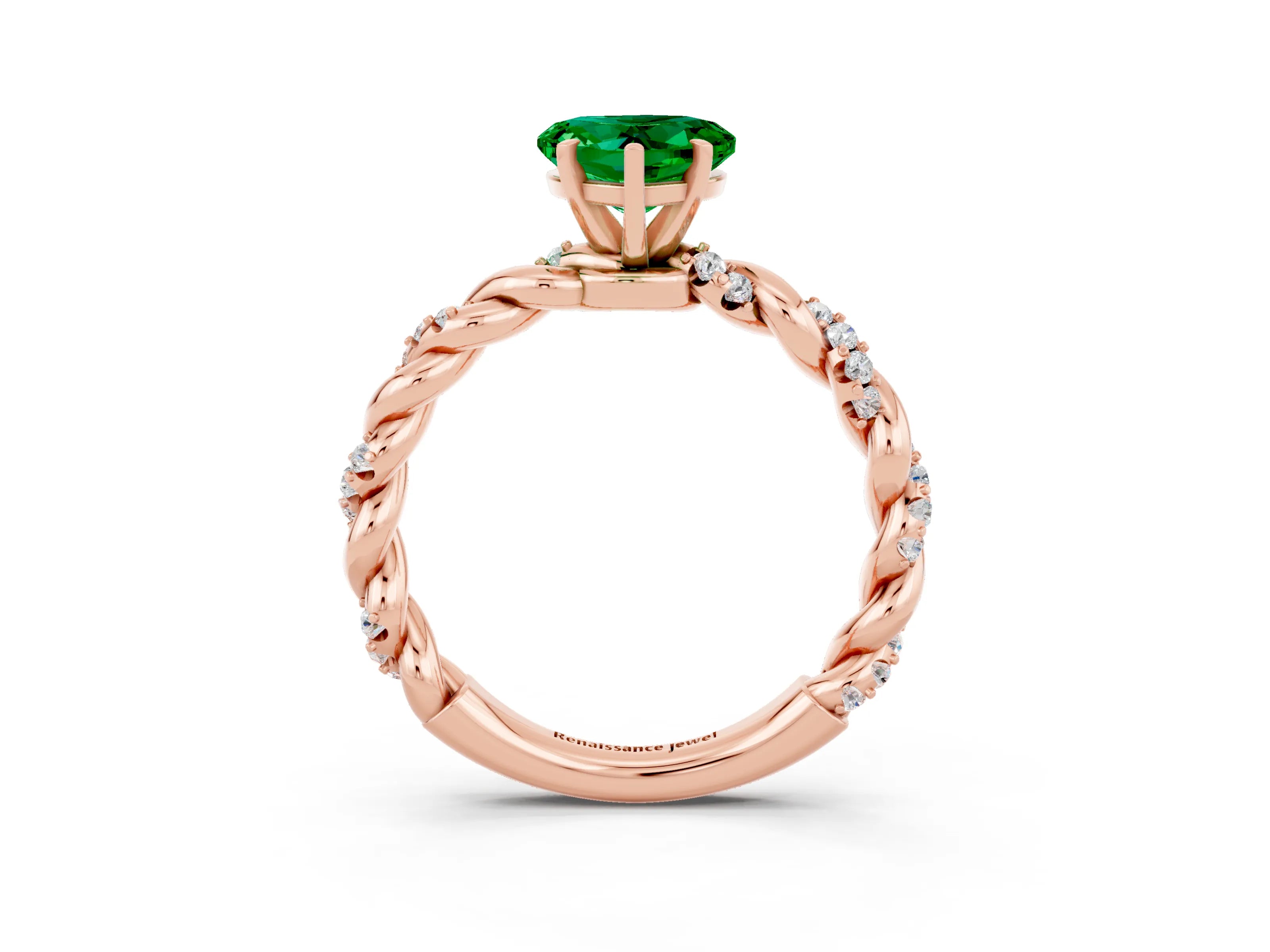 Rose gold Heart Cut Emerald Solitaire Ring with Twisted Band and Pavé Accents_3