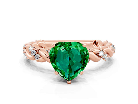 Rose gold Heart Cut Emerald Solitaire Ring with Twisted Band and Pavé Accents