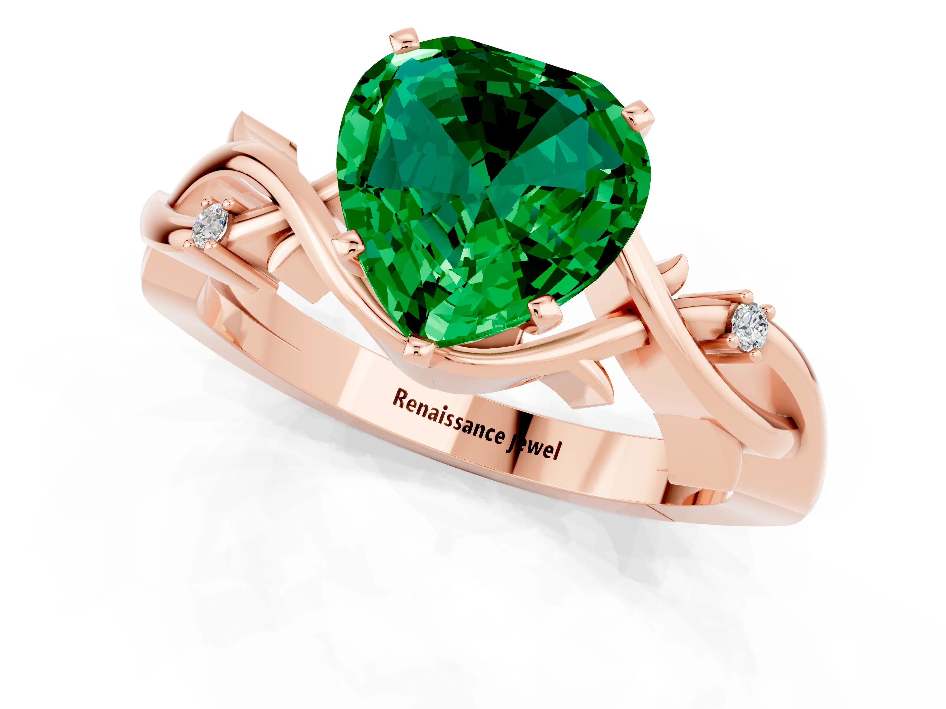 Rose gold Heart Cut Emerald Solitaire Ring with Twisted Band and Prong Setting_1