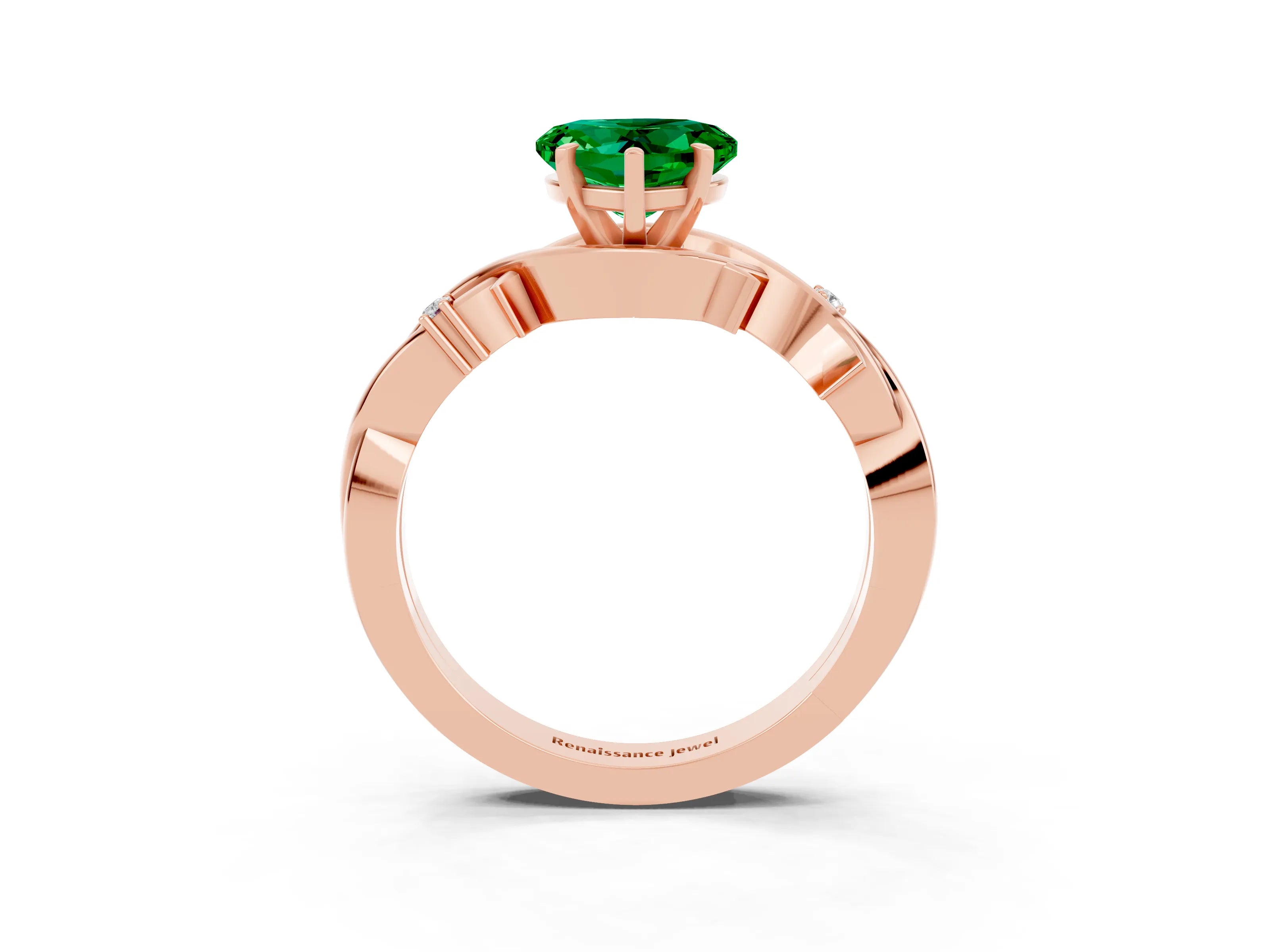 Rose gold Heart Cut Emerald Solitaire Ring with Twisted Band and Prong Setting_3
