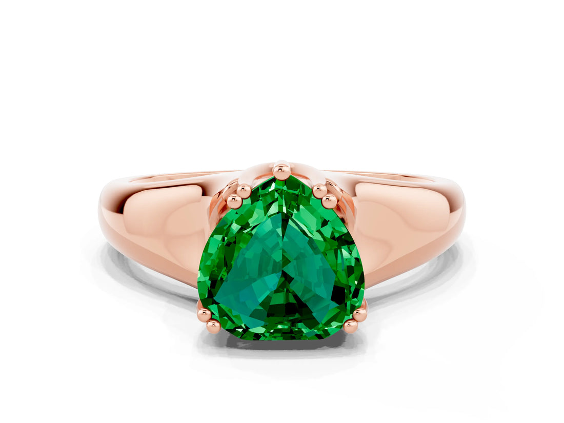 Rose gold Heart Cut Emerald Solitaire Ring with Wide Band and Prong Setting